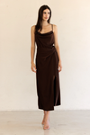 Brown Satin Cowl Neck Dress