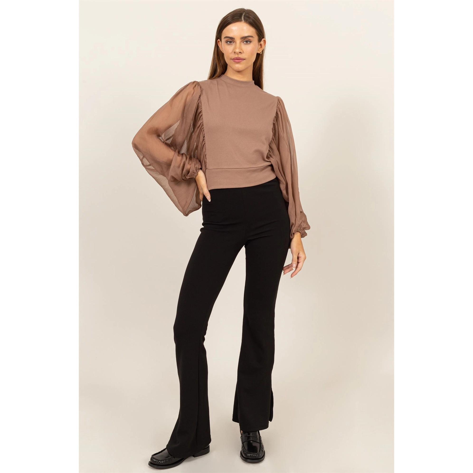 Sheer Batwing Sleeve Blouse Brown