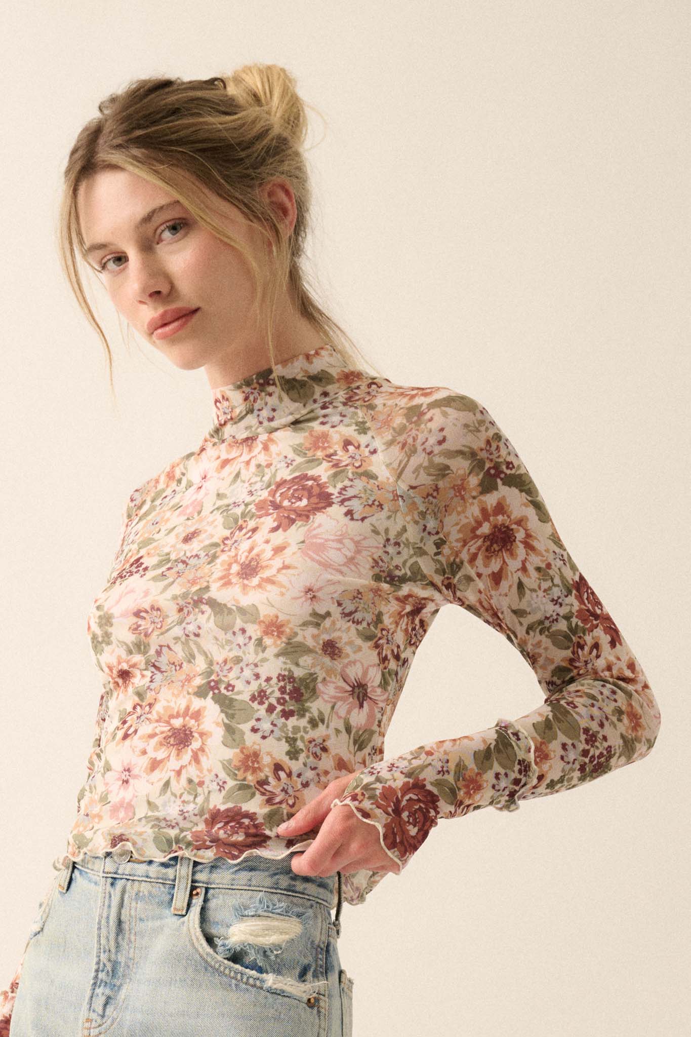 Blossom Forth Floral Mesh Mock-Neck