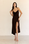 Brown Satin Cowl Neck Dress