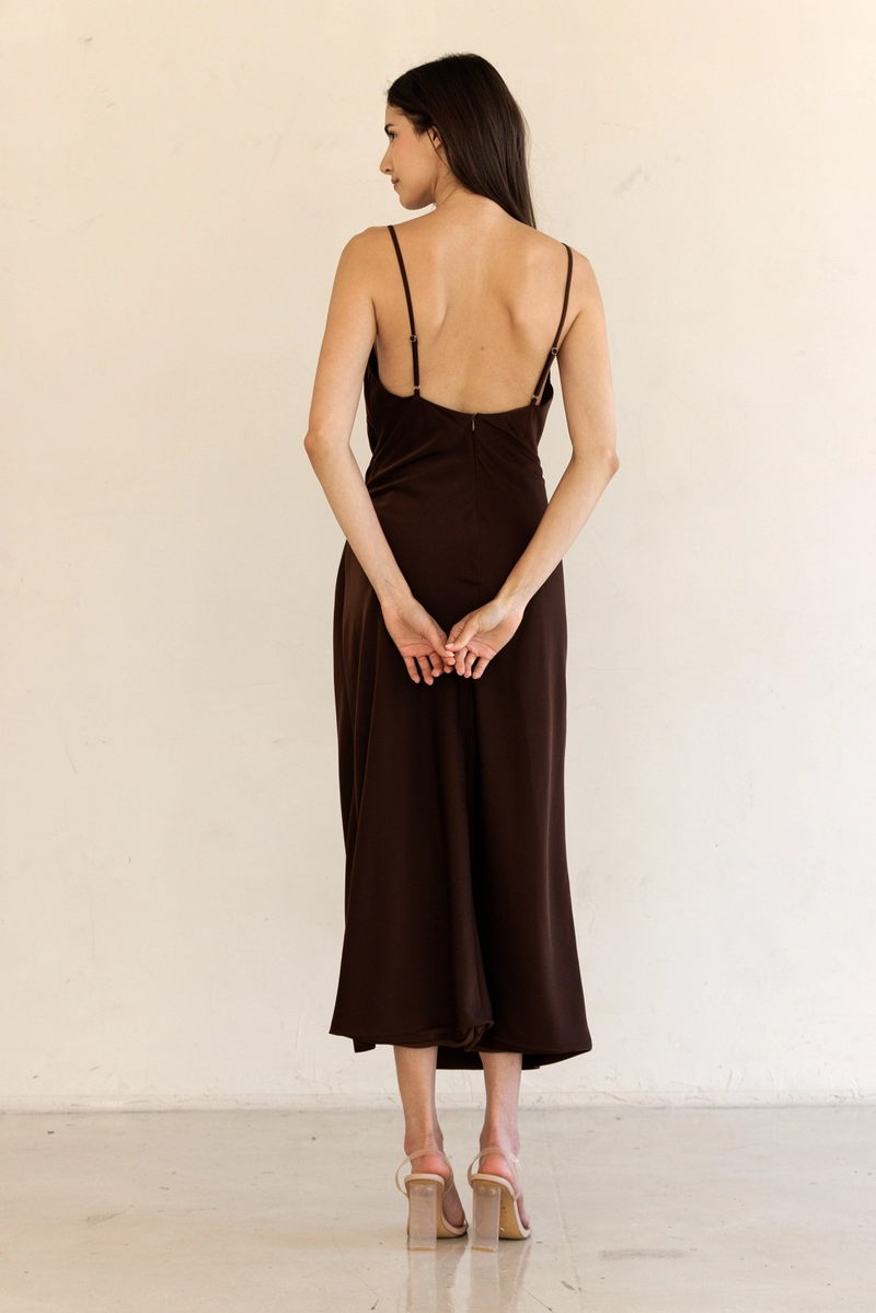 Brown Satin Cowl Neck Dress