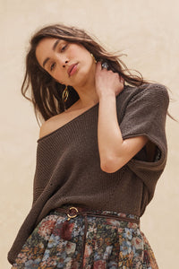 Espresso Short Sleeve Pointelle Ribbed Knit Sweater