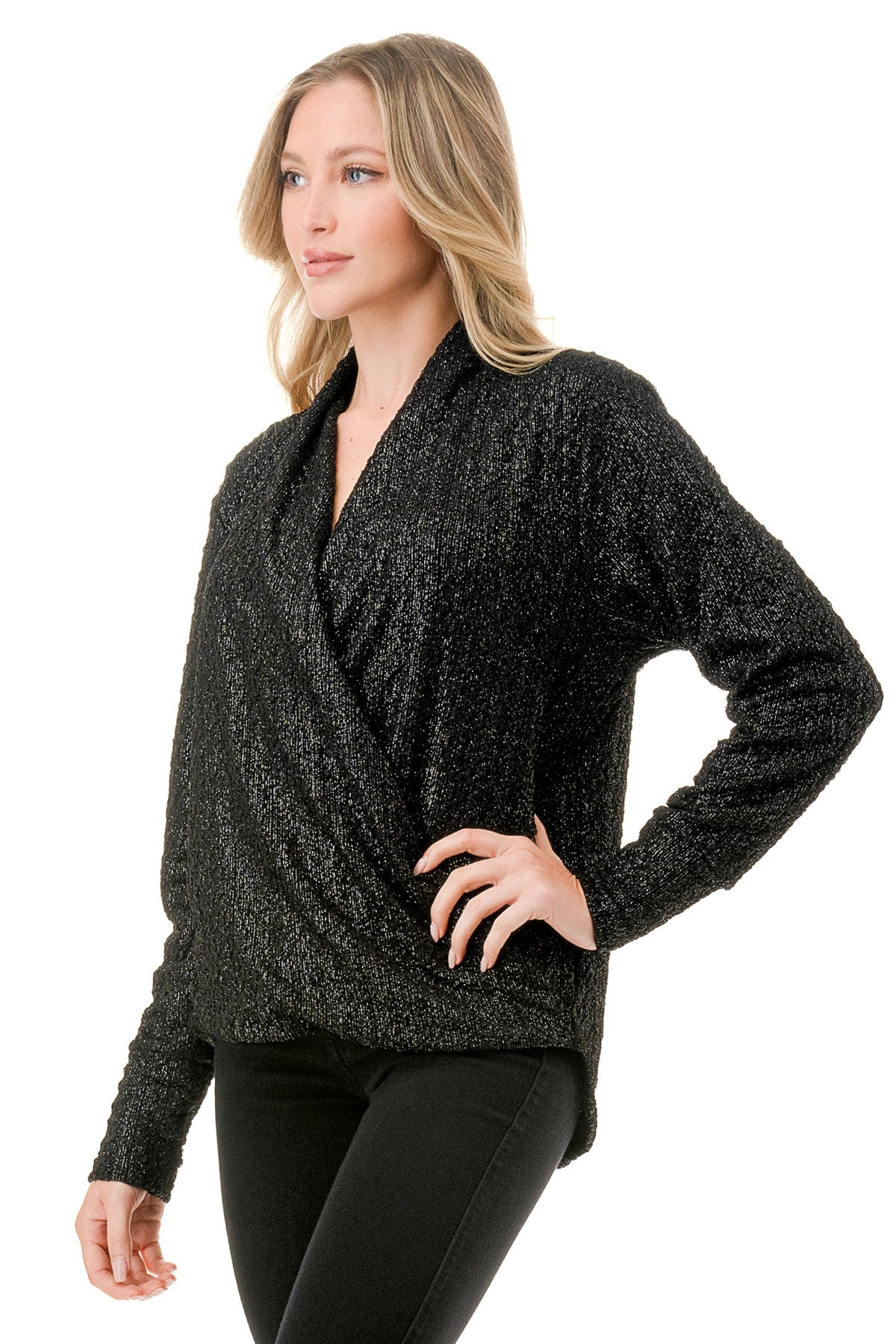 Black Glitter Surplice Top