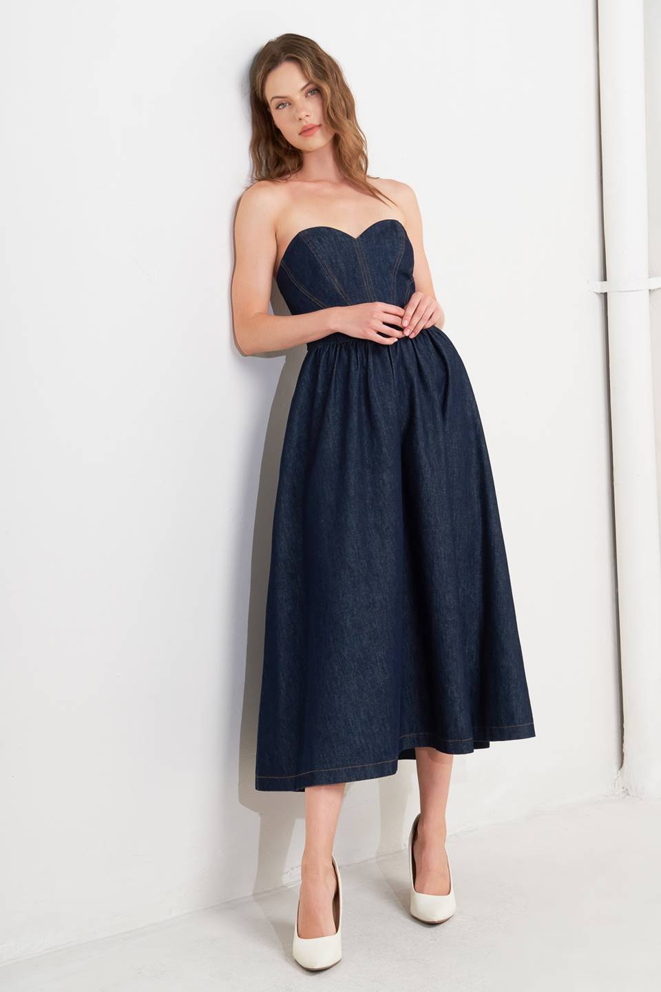 Strapless Denim Midi Dress