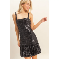 Black Bubble Hem Sequin Mini Dress