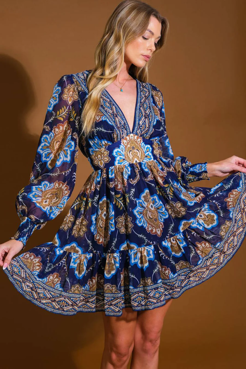 Blue Baroque Mini Dress