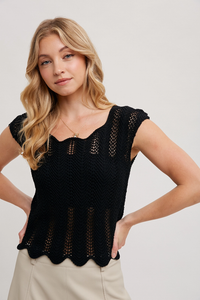 Black Eyelet Scallop Top