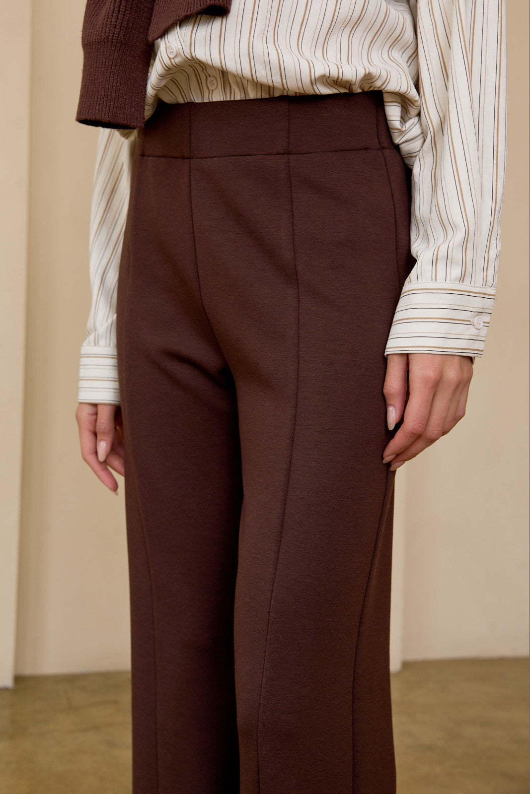 Brown Scuba Seamed Knit Wide Leg Pants