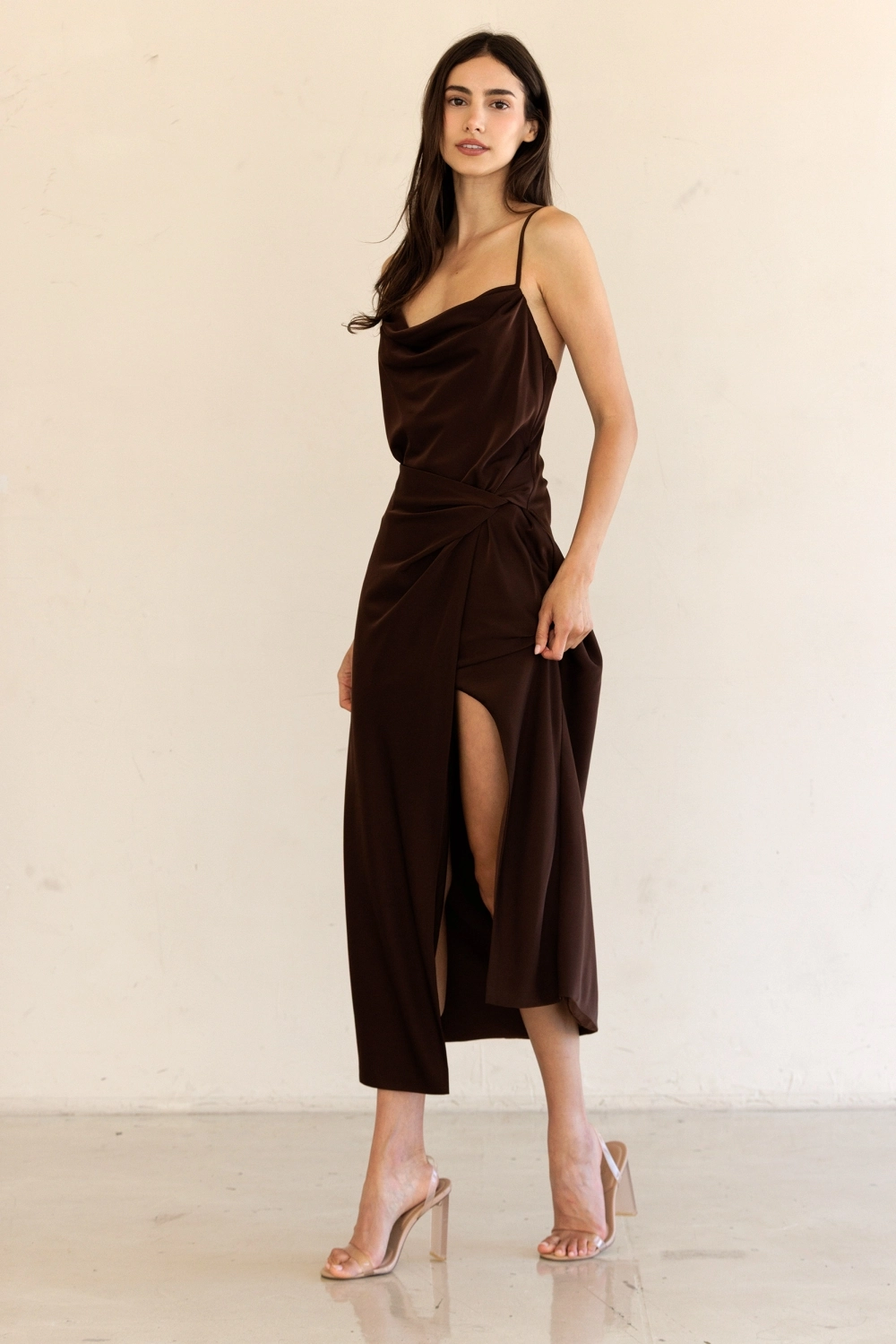 Brown Satin Cowl Neck Dress