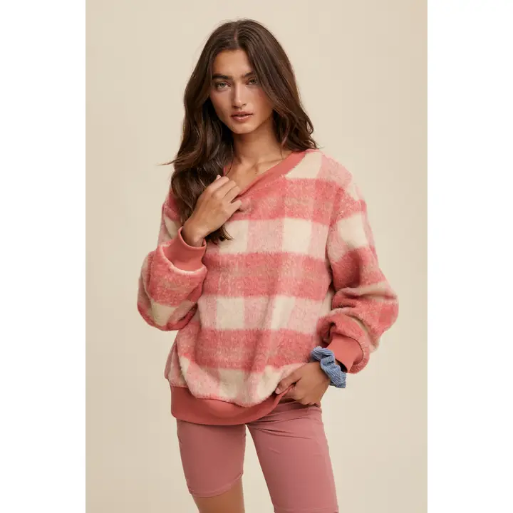 Coral Plaid Pullover