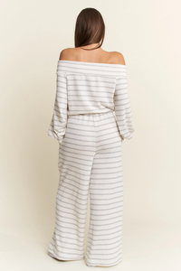 Terry Cloth Off Shoulder Stripe Jumpsuit