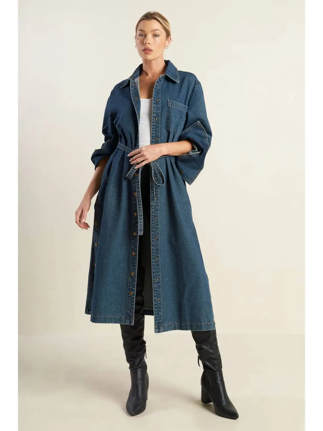 Denim Snap Button Midi Dress