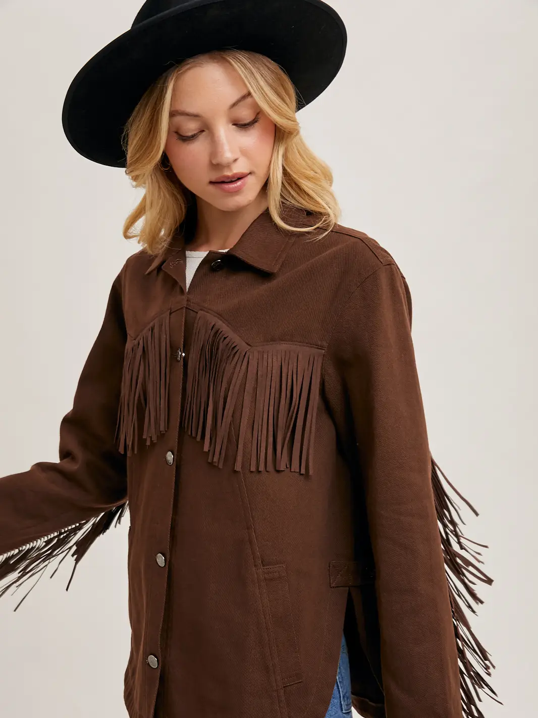 Brown denim Fringe Button Down Jacket