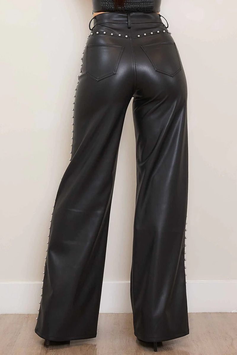 Vegan Leather Pearl Trim Pants