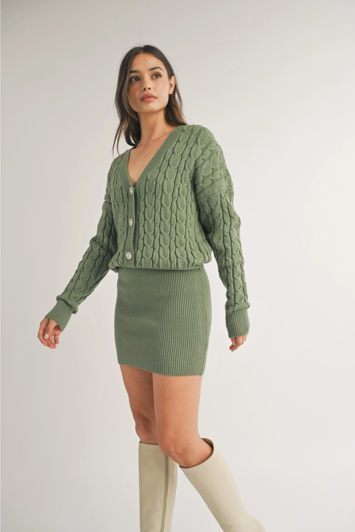 Green Bling Button Sweater Dress