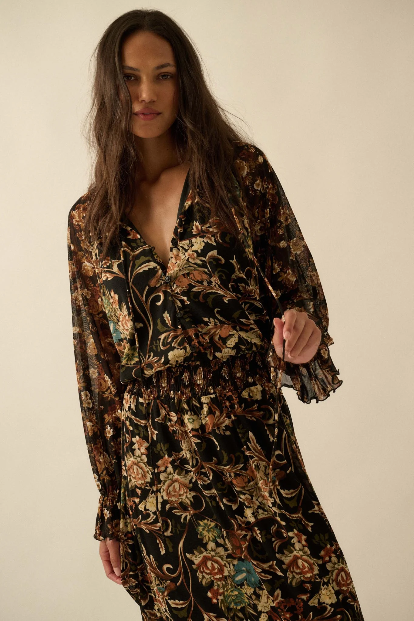 Brown Floral Long Sleeve Mesh Midi