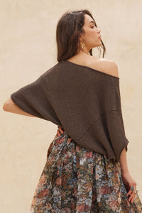 Espresso Short Sleeve Pointelle Ribbed Knit Sweater