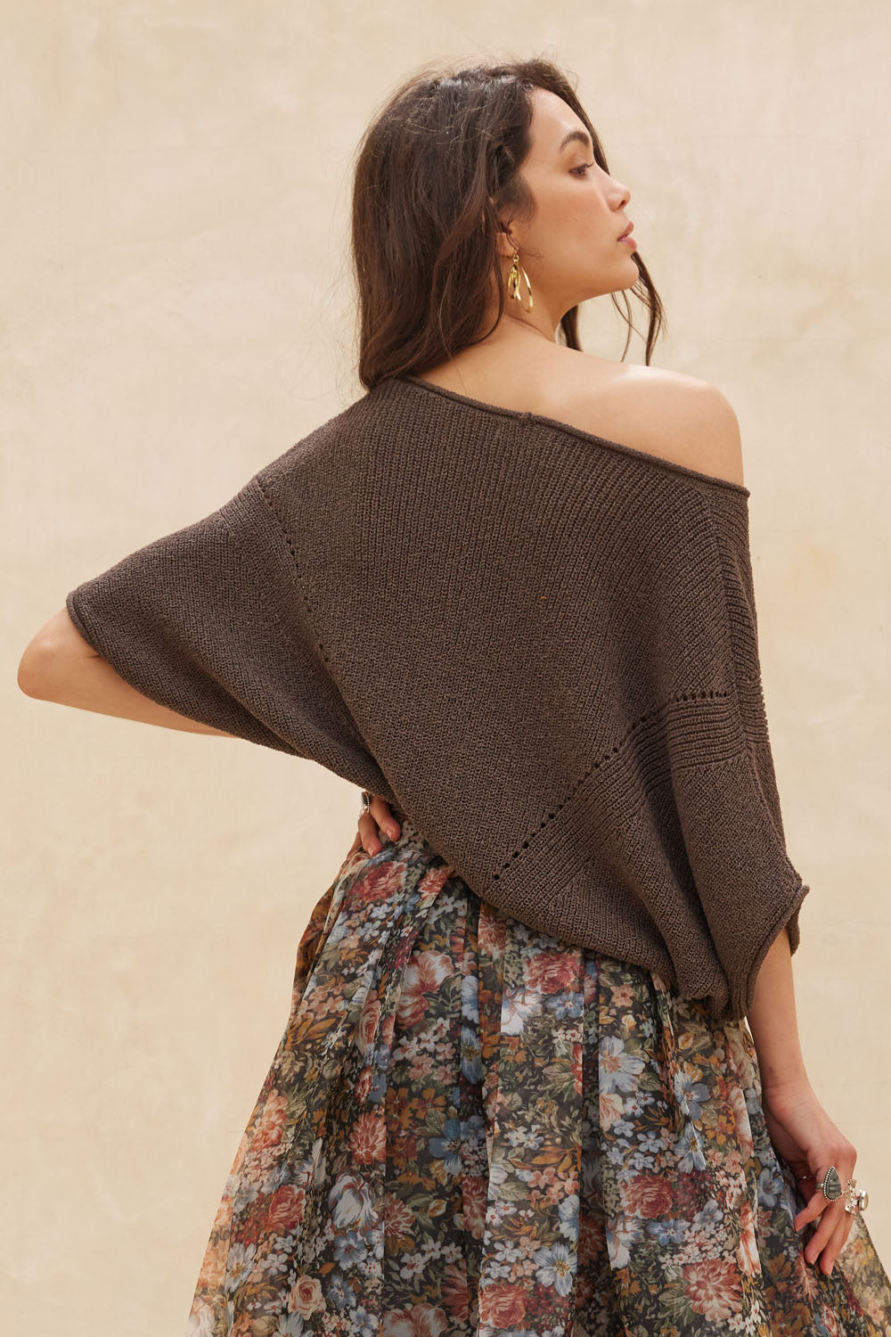 Espresso Short Sleeve Pointelle Ribbed Knit Sweater