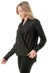 Black Glitter Surplice Top