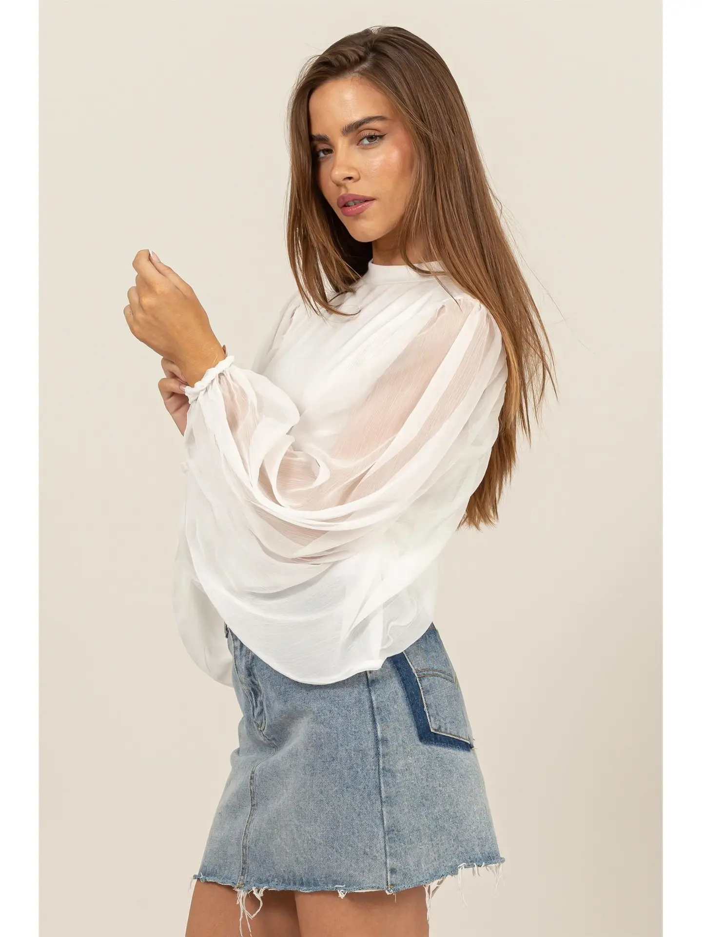 Sheer Batwing Sleeve Blouse White