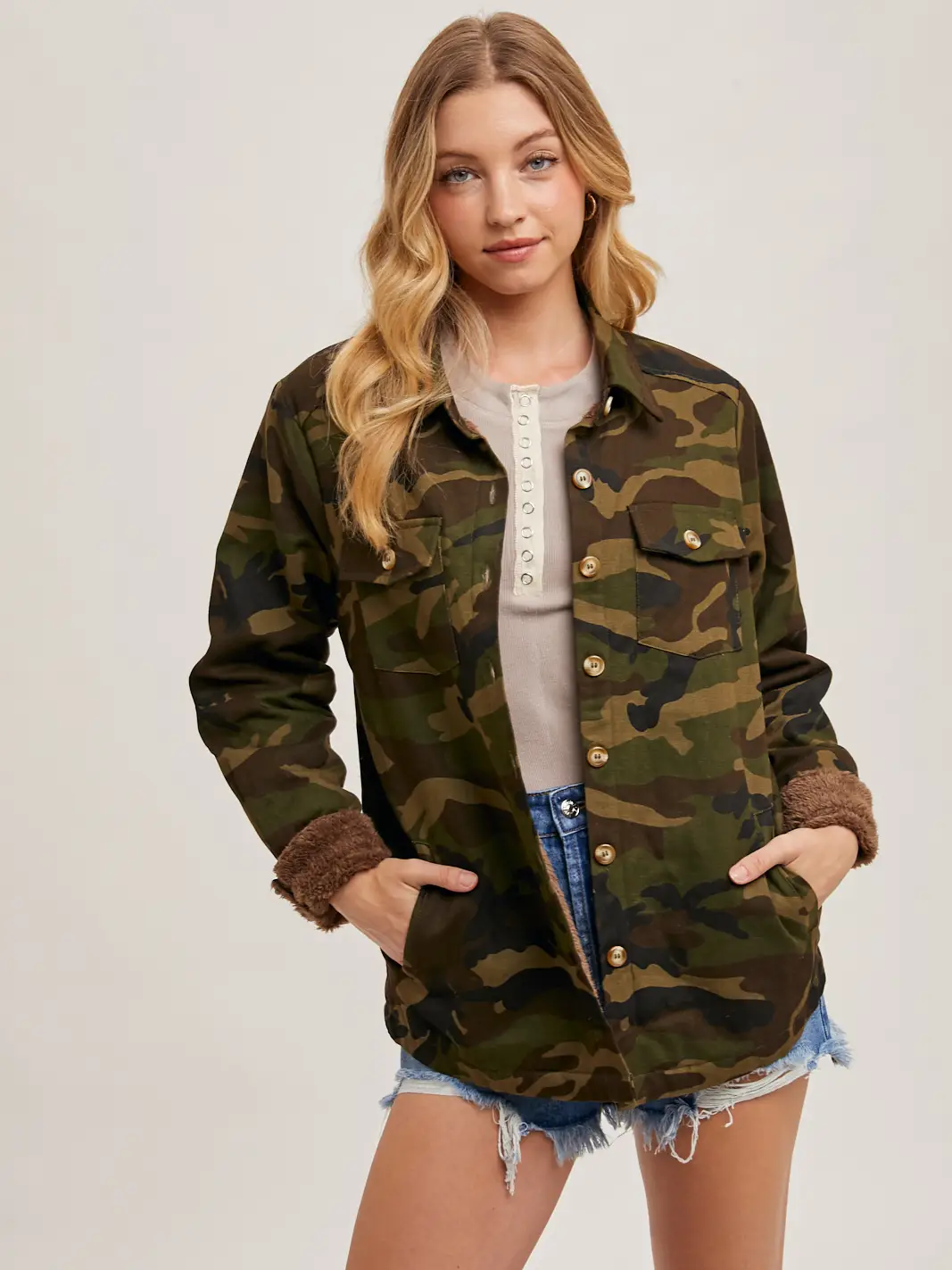 Camo Sherpa Button Down Jacket