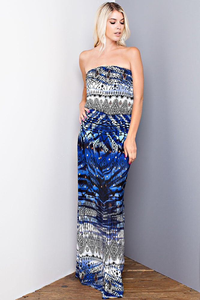 Blue Aztec Strapless Maxi Dress