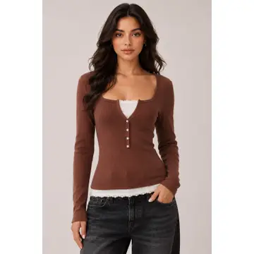 Lace Trim Long Sleeve Henley