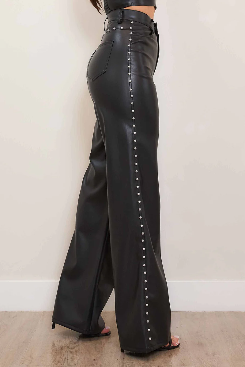 Vegan Leather Pearl Trim Pants