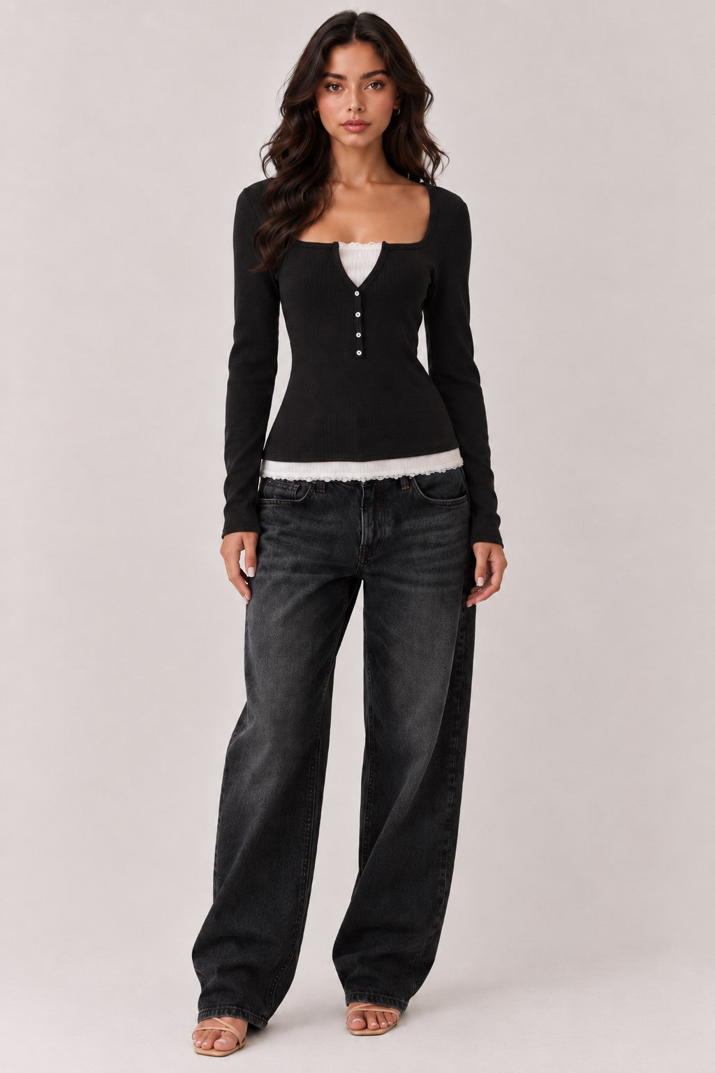Lace Trim Long Sleeve Henley