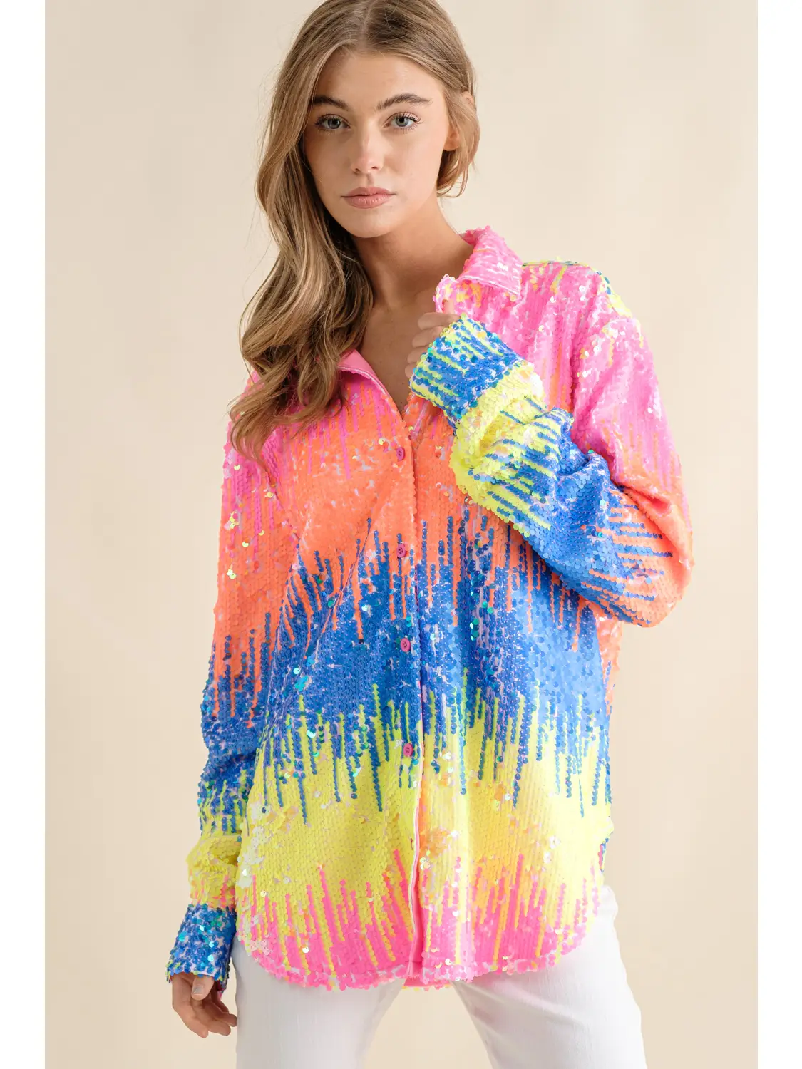 Multicolor Sequin Button Up