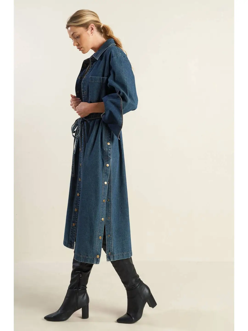 Denim Snap Button Midi Dress