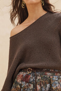 Espresso Short Sleeve Pointelle Ribbed Knit Sweater