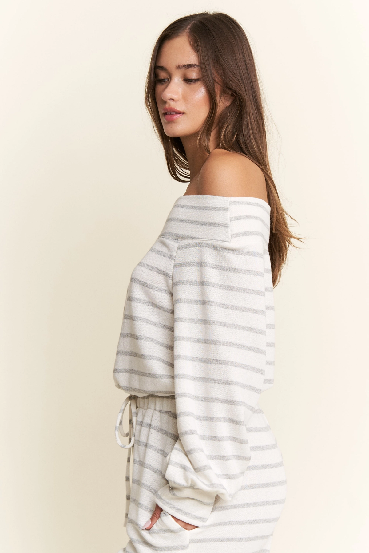 Terry Cloth Off Shoulder Stripe Jumpsuit