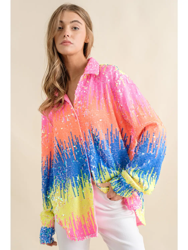 Multicolor Sequin Button Up