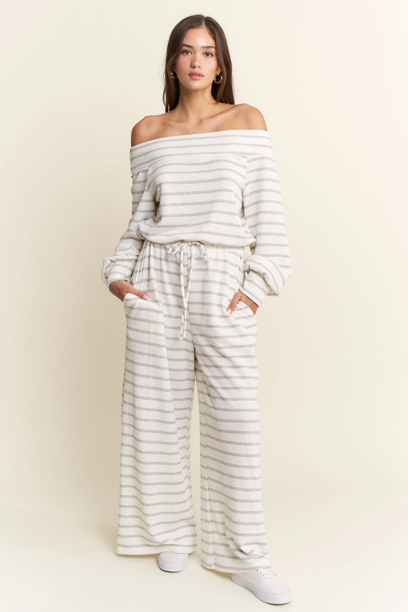 Terry Cloth Off Shoulder Stripe Jumpsuit