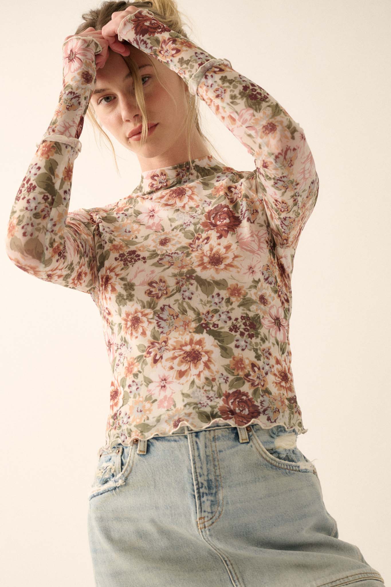 Blossom Forth Floral Mesh Mock-Neck
