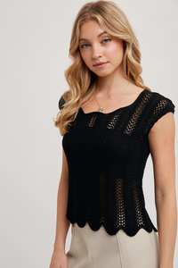 Black Eyelet Scallop Top