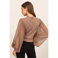 Sheer Batwing Sleeve Blouse Brown