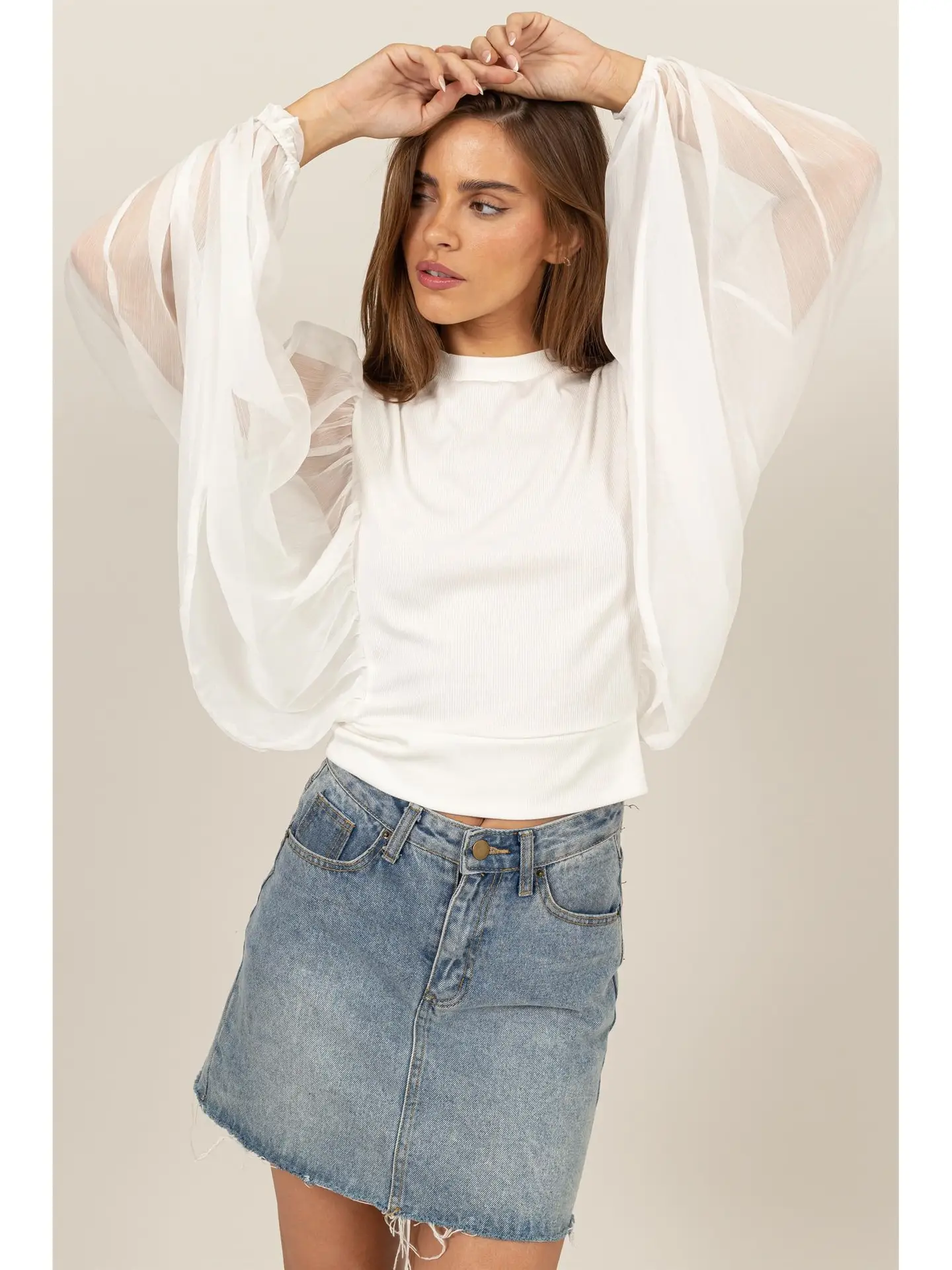 Sheer Batwing Sleeve Blouse White