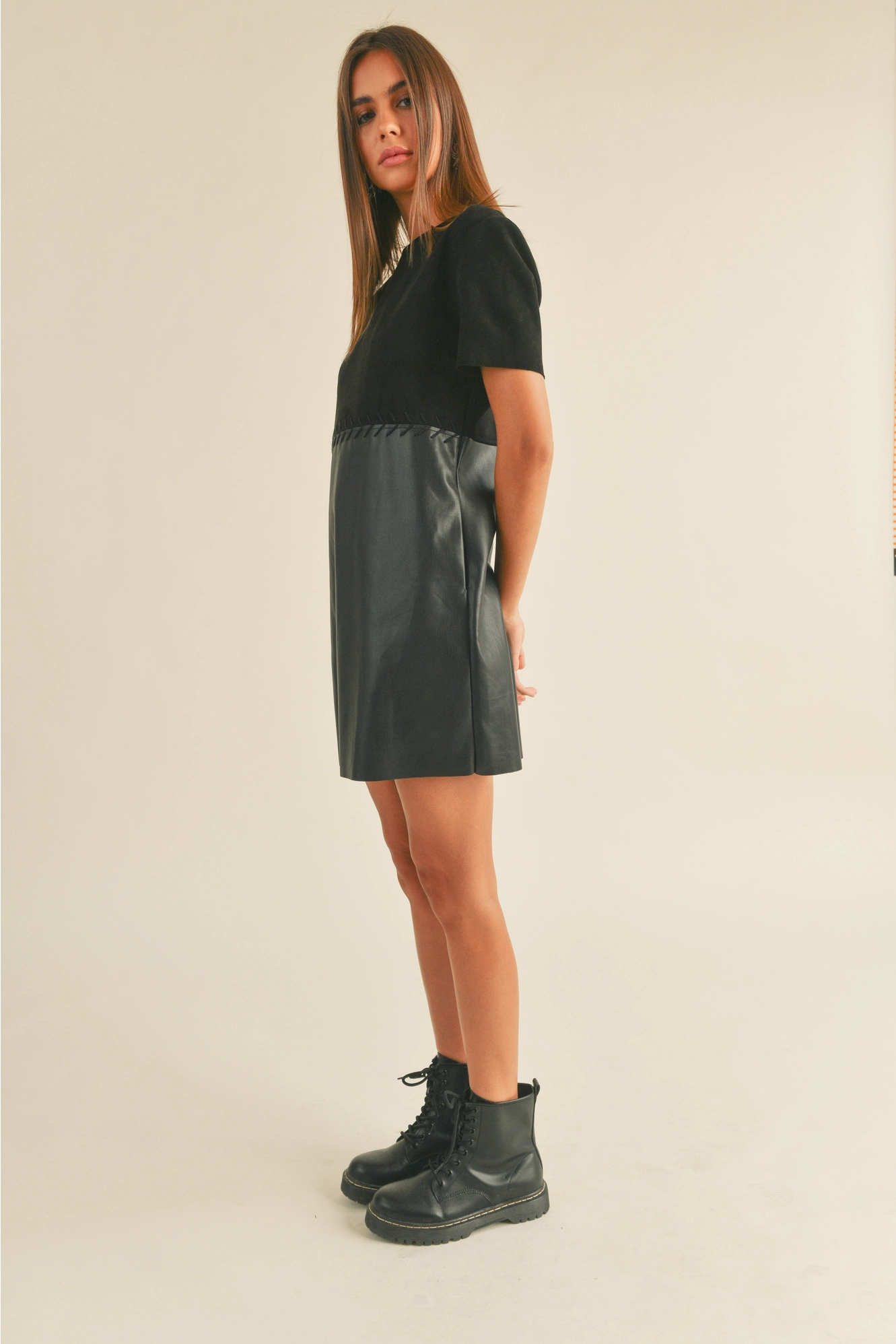 Black Stitch Combo Shift Dress