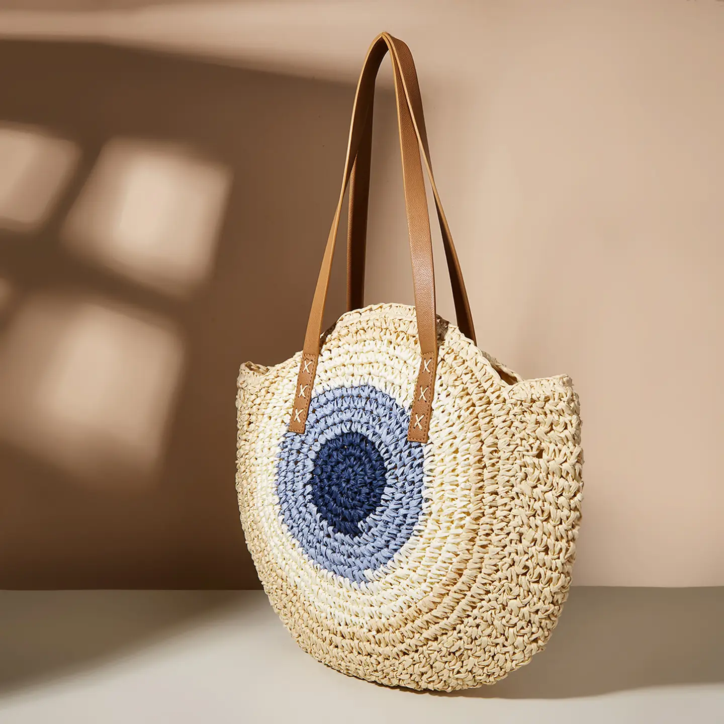 Cream Straw Evil Eye Bag