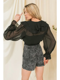 Black Ruffle Semi Sheer Tie Top