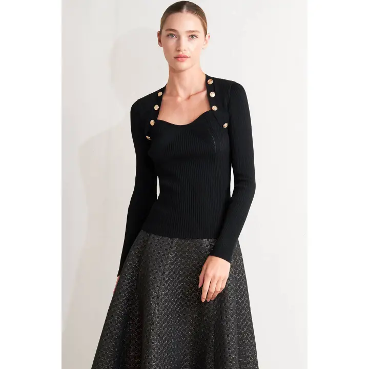 Ribbed Gold Button Black Long Sleeve