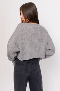 Grey Cropped Cable Knit Sweater