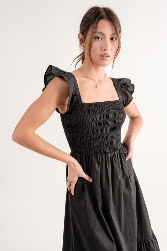 Ruffle Sleeve Black Dress