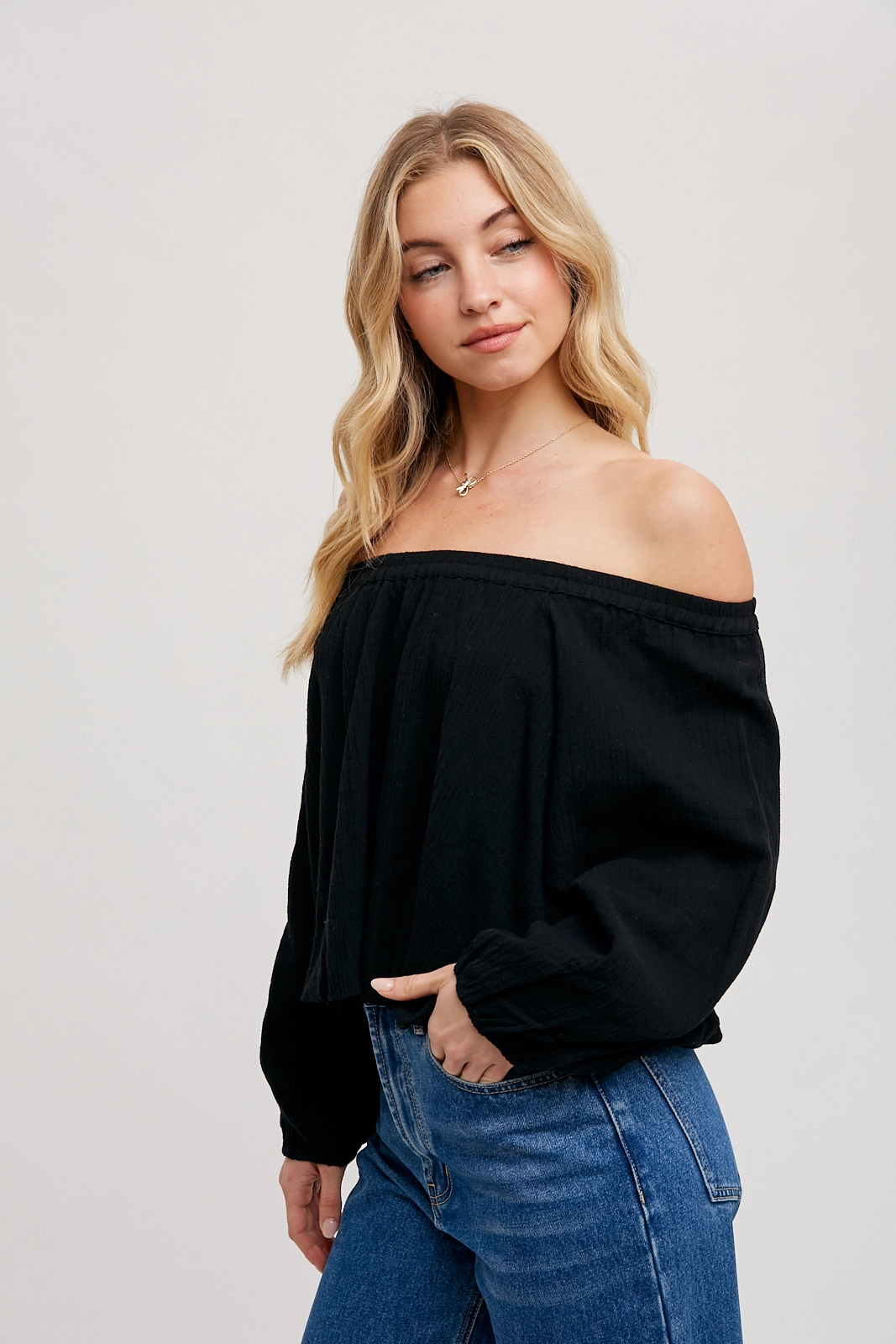 Black Linen Off the Shoulder Top