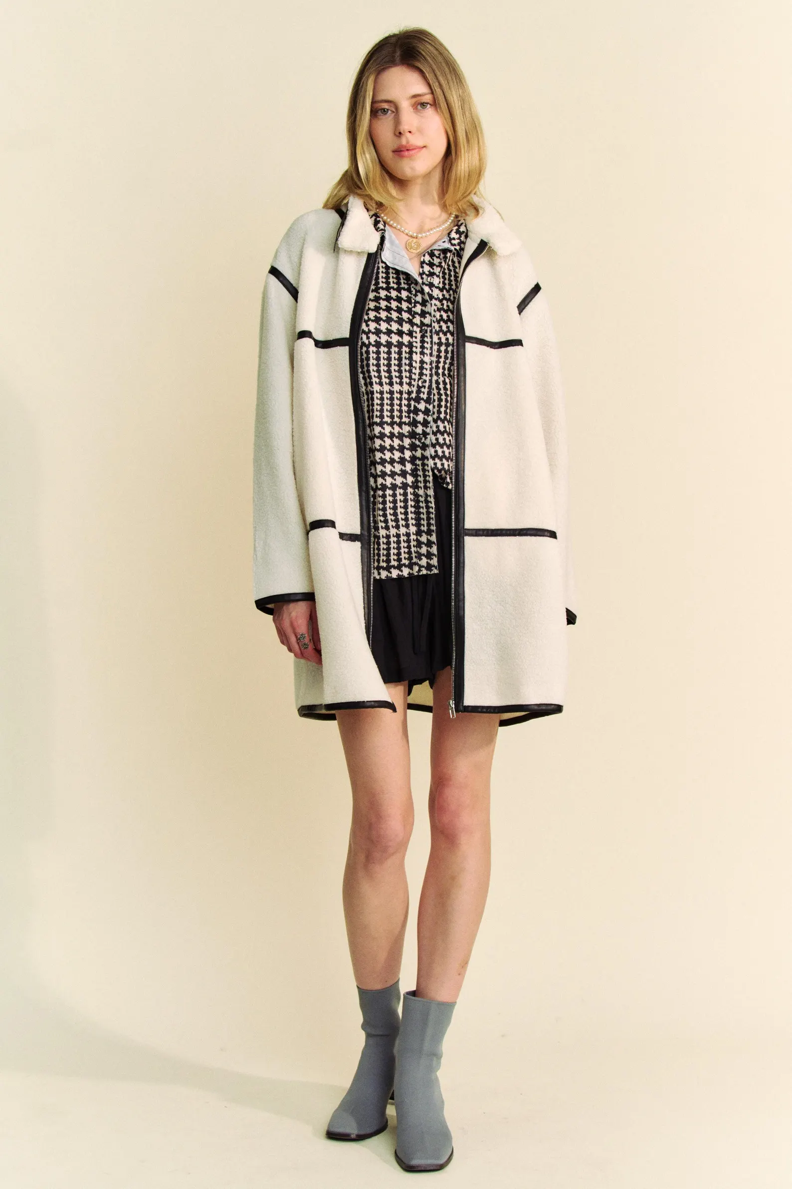 White Sherpa Coat Black Trim