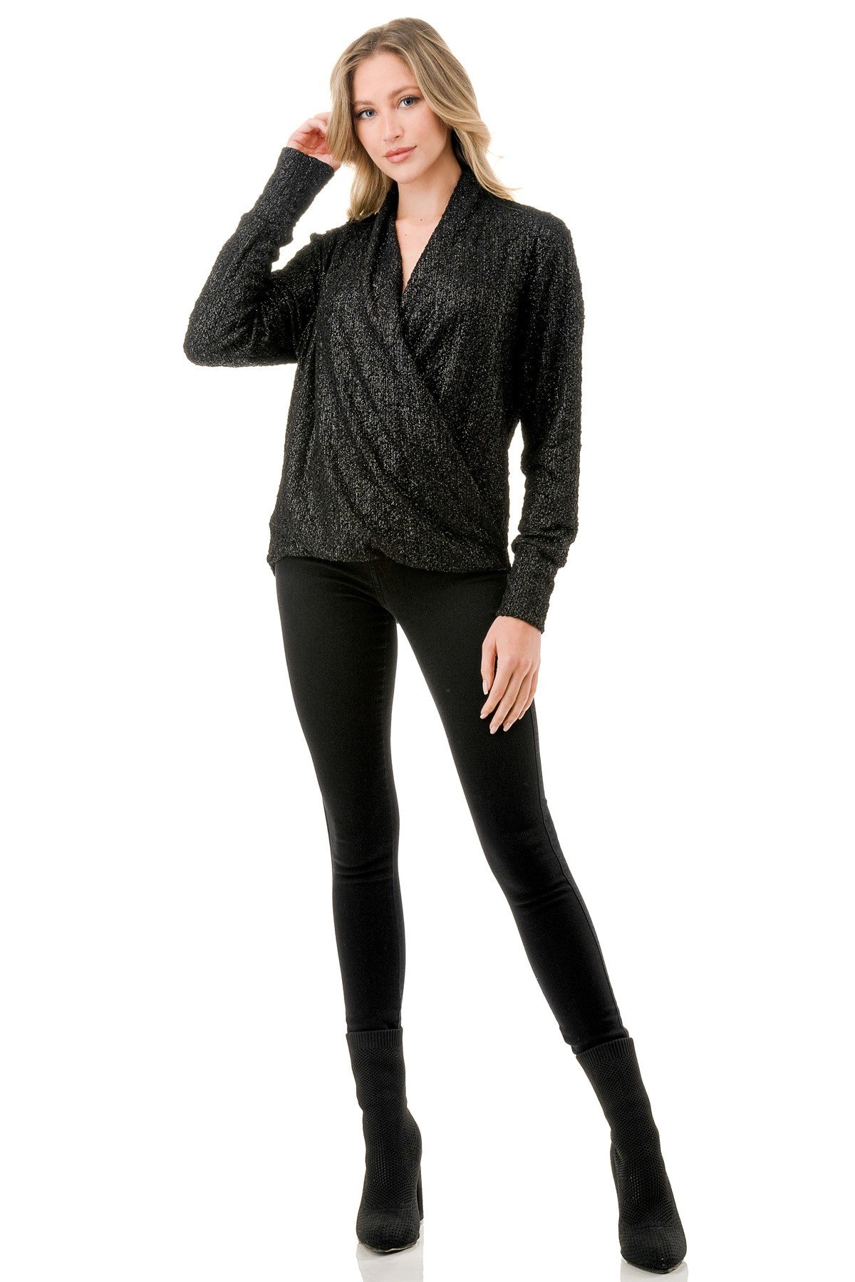 Black Glitter Surplice Top