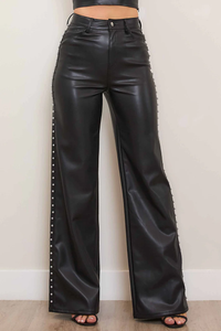 Vegan Leather Pearl Trim Pants