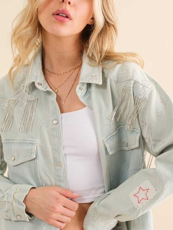 Light Denim Rhinestone Star Shacket